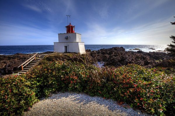 Picture of the lighthouse by the ocean with a sunset