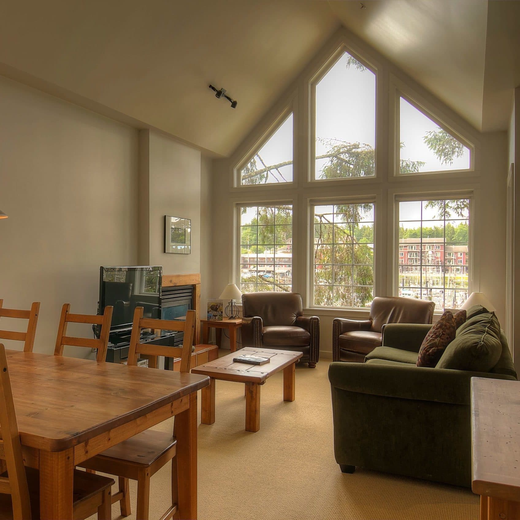 View of a vaulted ceiling suite at Water's Edge in Ucluelet